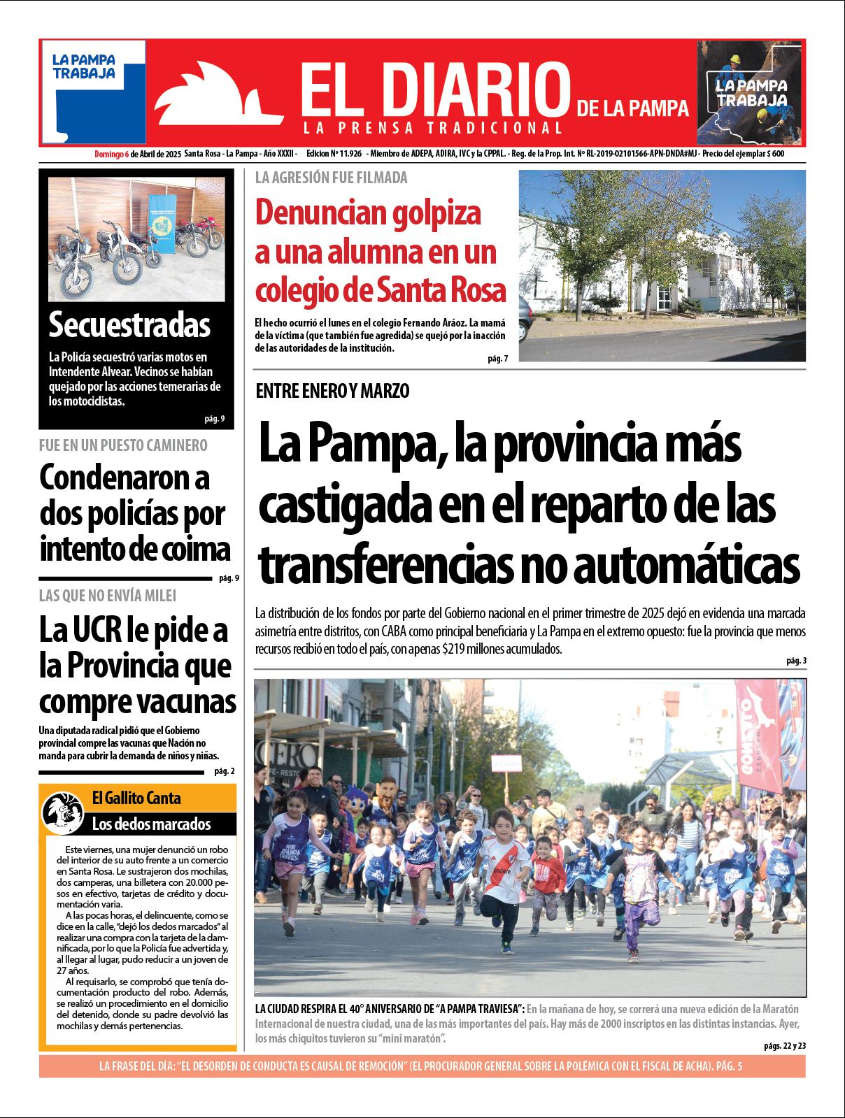 Tapa de El Diario en papel  domingo 06 de abril de 2025